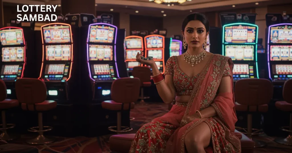 “Woman in an ornate red and gold traditional outfit sitting in a casino, holding casino chips, with colorful slot machines glowing behind her and ‘LOTTERY SAMBAD’ text in the top corner.” night lottery sambad