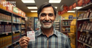 Smiling middle-aged Indian man holding a lottery ticket inside a small retail shop, with shelves of products in the background and the text “chhota lottery” displayed in the top corner.