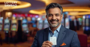 Smiling middle-aged man in a suit holding a lottery ticket inside a casino-style hall, with “how to buy lottery tickets in india” text displayed in the corner.