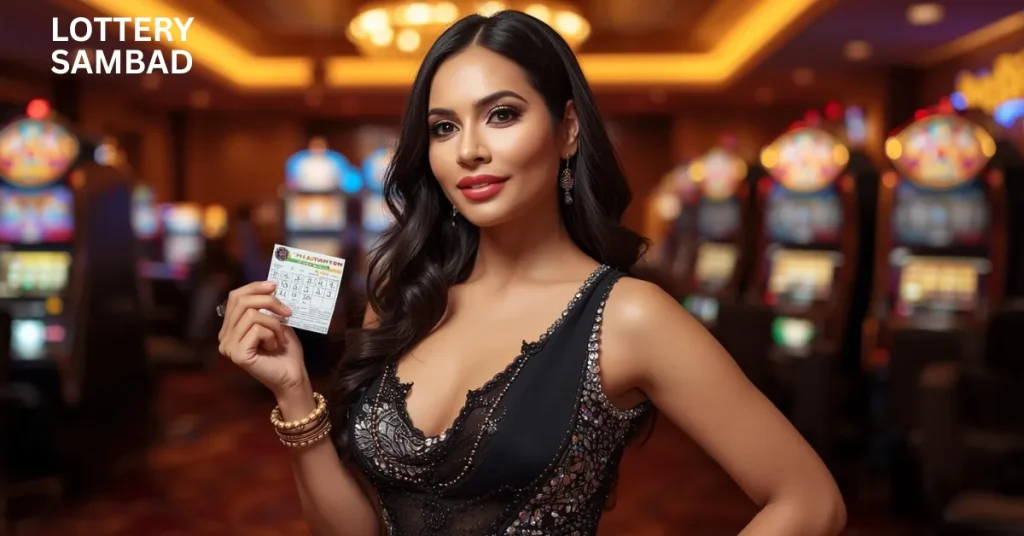Woman holding a lottery ticket inside a casino-style gaming hall with slot machines in the background and “how to buy lottery tickets in india” text displayed in the corner.