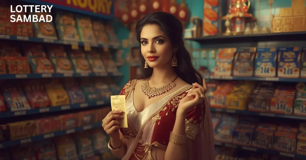Elegant Indian woman in a red and gold saree holding a lottery ticket inside a shop, with shelves of lottery books in the background and the text “chhota lottery” displayed in the corner.