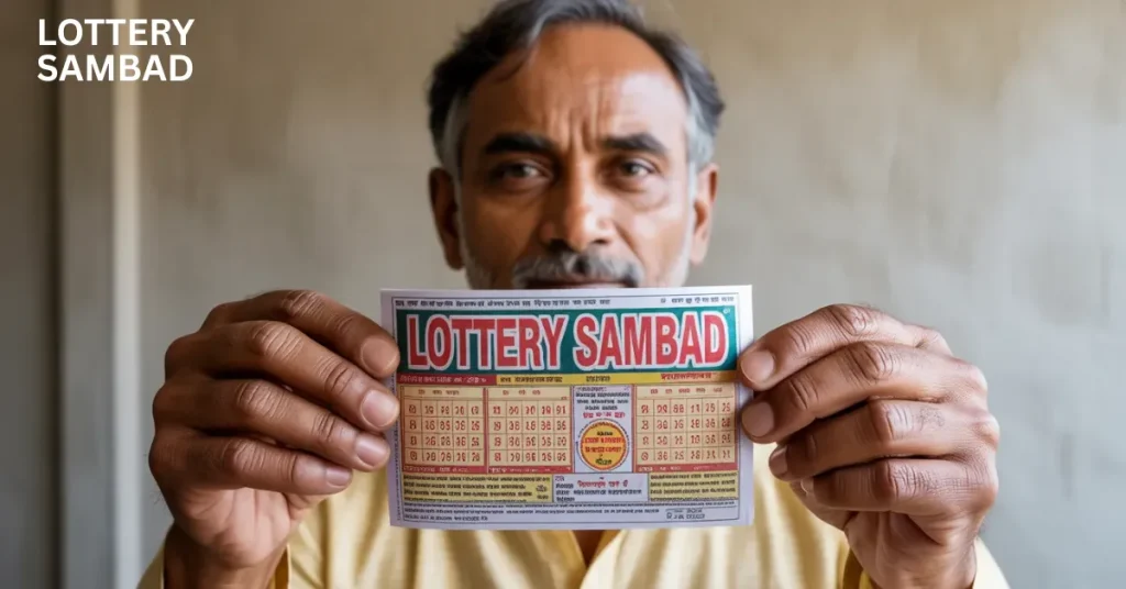 “Serious-looking man holding a Lottery Sambad ticket with both hands, displaying the lottery slip toward the camera against a neutral background.”