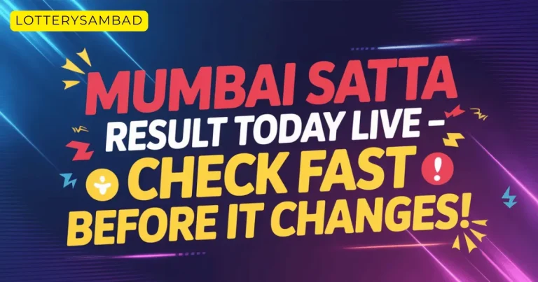 Colorful promotional mumbai satta result banner with neon-style blue and purple background reading “Mumbai Satta Result Today Live – Check Fast Before It Changes!” with a small “Lotterysambad” label in the top left corner and decorative lightning and alert icons.