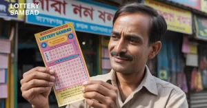 Man outdoors holding and examining a colorful “satta king sartaj golden” ticket, with blurred storefront signs in the background.