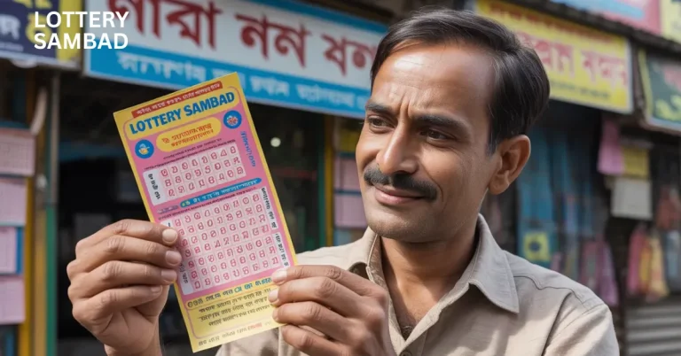 Man outdoors holding and examining a colorful “satta king sartaj golden” ticket, with blurred storefront signs in the background.