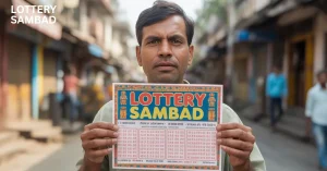 a man smiling while holding a kolkata fatafat lottery sambad ticket in middle of the lottery store