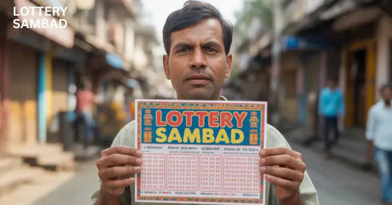 a man smiling while holding a kolkata fatafat lottery sambad ticket in middle of the lottery store