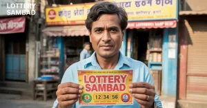 Middle-aged man standing outside a small street shop holding a “arunachal teer result ticket with visible numbers 12, 34, 56 printed on it.
