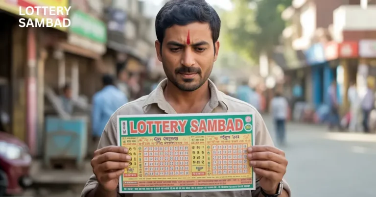 Man standing on a street holding a “shillong teer night 2” ticket and looking down at it, with shops and pedestrians blurred in the background.