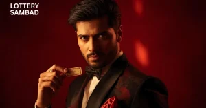 Stylish man in a black tuxedo holding a lottery ticket against a dramatic red background, symbolizing anticipation for the night lottery result.