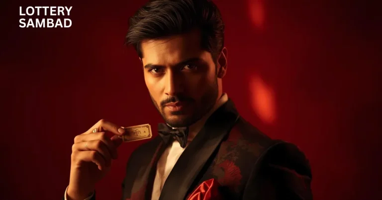 Stylish man in a black tuxedo holding a lottery ticket against a dramatic red background, symbolizing anticipation for the night lottery result.