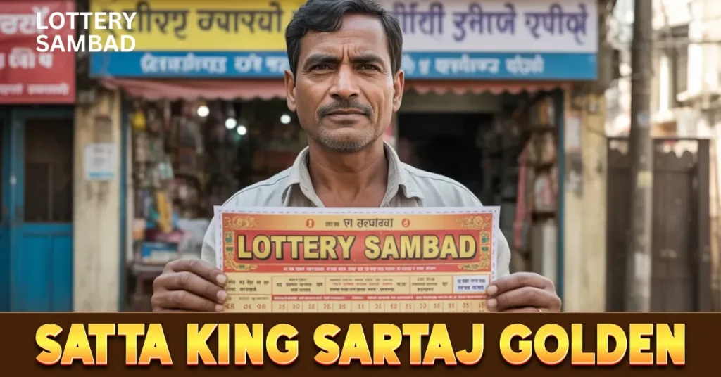 Man standing in front of a shop holding a “Lottery Sambad” ticket, with bold text reading “Satta King Sartaj Golden” across the bottom.