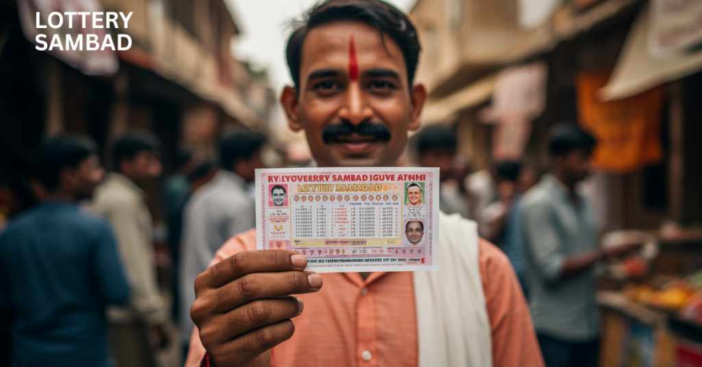 a man holding his maharashtra rajya lottery result today ticket and smiling in back of the people