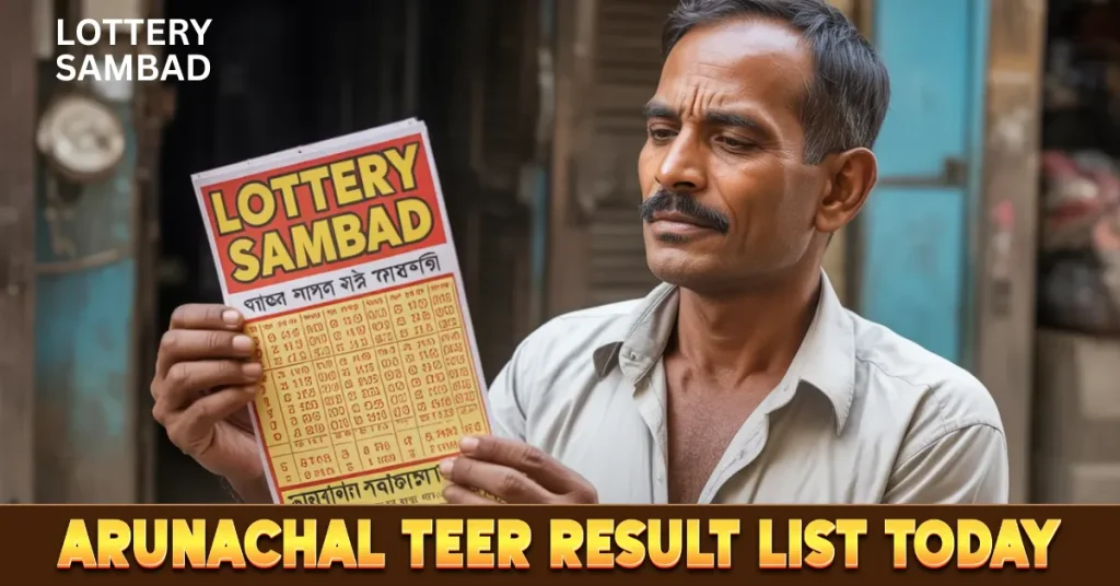 Man holding and examining a “shillong teer night 2” ticket on a street, with bold text reading “Arunachal Teer Result List Today” displayed at the bottom.