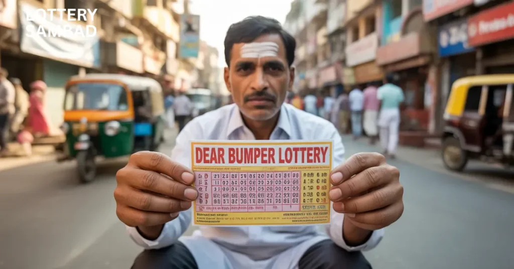 A man sitting in the middle of a busy street holds up a “Dear Bumper Lottery” ticket toward the camera, with auto rickshaws, shops, and pedestrians visible in the background and “Lottery Sambad” text in the top-left corner.