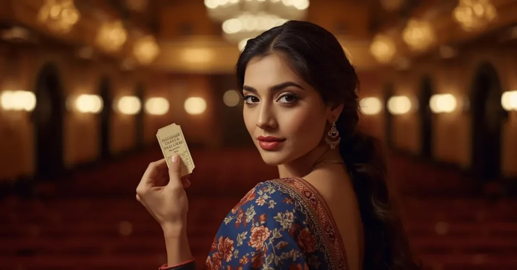 Elegant woman in a traditional outfit holding a lottery ticket inside a luxurious hall, reflecting anticipation and excitement for the night lottery result.