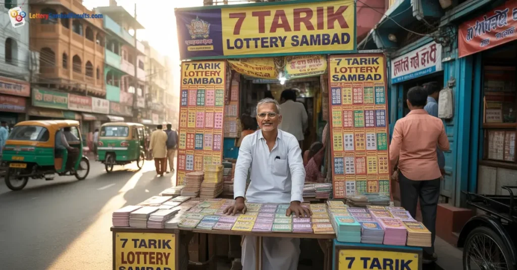 7 tarik lottery sambad ticket seller at a street stall displaying lottery tickets and result charts in an Indian market area.