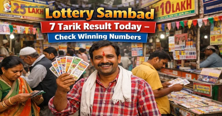 Man holding Lottery Sambad tickets in a busy market with banner 7 tarik lottery sambad – Check Winning Numbers”.