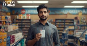 Man standing in a convenience store holding a lottery ticket, with shelves of products behind him and the text “lottery sambad bumper result” in the top left corner.