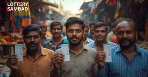 Men holding sikkim state lottery result in a busy Indian market with Lottery Sambad text displayed