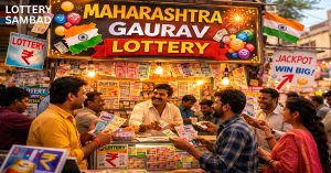 Crowd of people buying lottery tickets at a brightly lit street stall with a large ‘Maharashtra Gaurav Lottery’ sign, colorful tickets displayed everywhere, Indian flags, and signs promoting jackpot winnings.