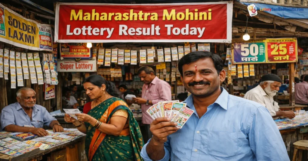 Man holding Maharashtra Mohini lottery tickets at a local shop with banner reading “Maharashtra Mohini Lottery Result Today” and lottery tickets displayed in the background.