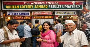 A busy street lottery stall displaying signs for “Lottery Sambad,” “Bhutan Lottery,” and “Sikkim Lottery” with jackpot information, while several people check printed results; a smiling young woman stands in front holding a phone and an elderly man beside her gives a thumbs-up.