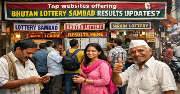 A busy street lottery stall displaying signs for “Lottery Sambad,” “Bhutan Lottery,” and “Sikkim Lottery” with jackpot information, while several people check printed results; a smiling young woman stands in front holding a phone and an elderly man beside her gives a thumbs-up.