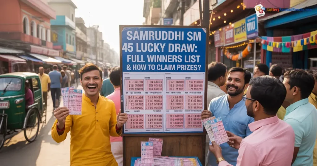 Samruddhi lottery result winners checking SM 45 lucky draw numbers and prize list in a busy Indian market scene