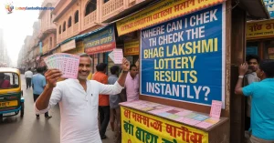 Man holding lottery tickets near a street stall showing a sign about checking play Bhag Lakshmi lottery results instantly in India.