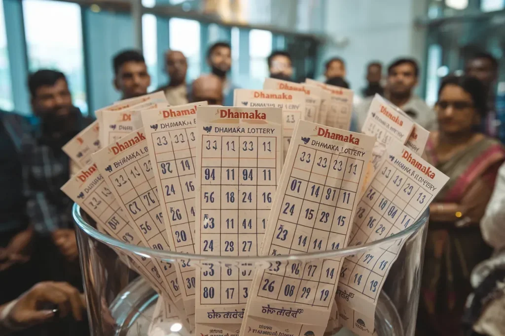 Close-up of several “bhutan teer Lottery” tickets arranged inside a transparent glass bowl, with a group of people standing blurred in the background, appearing to watch or participate in a lottery draw indoors.