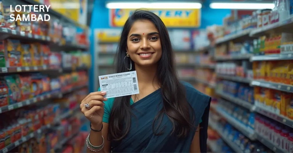 Smiling woman in a grocery store aisle holding up a lottery ticket, with shelves of products on both sides and the text “lottery sambad bumper result” displayed in the top left corner.