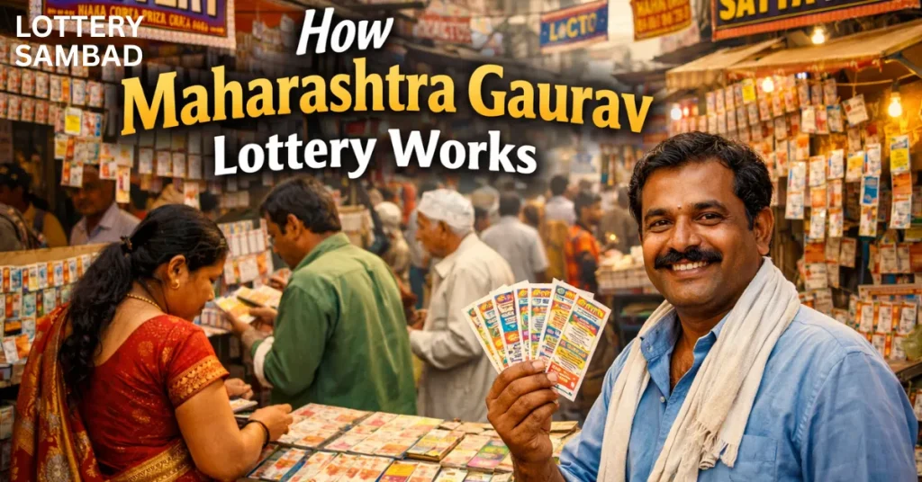 Man holding Maharashtra Gaurav lottery tickets at a busy market stall with many people buying tickets, illustrating how the Maharashtra Gaurav Lottery works.