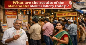 People checking Maharashtra Mohini lottery results at a busy lottery stall, with a man holding tickets and a banner asking about today’s Maharashtra Mohini lottery result.