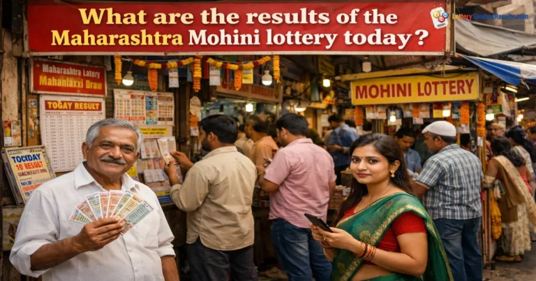 People checking Maharashtra Mohini lottery results at a busy lottery stall, with a man holding tickets and a banner asking about today’s Maharashtra Mohini lottery result.