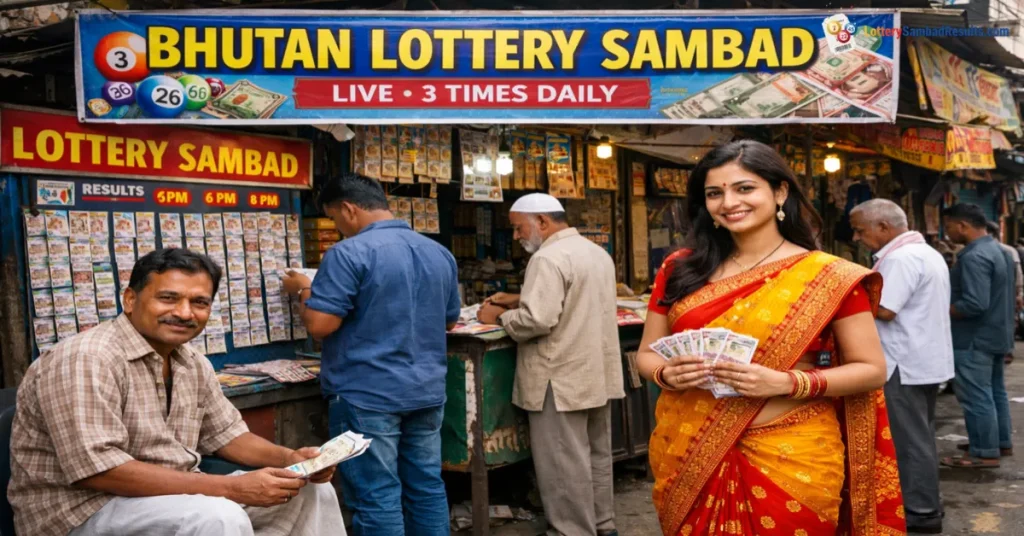 A busy lottery stall with a large “Bhutan Lottery Sambad – Live 3 Times Daily” sign, where several people check lottery tickets and posted results, while a smiling woman in a red and yellow sari stands in front holding multiple lottery tickets.