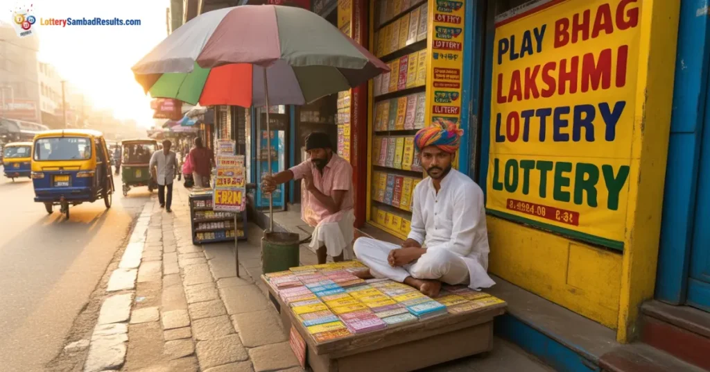 Street lottery vendor selling play Bhag Lakshmi lottery tickets at a roadside stall in India with colorful ticket displays and shop sign.
