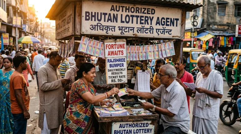 A busy street scene with an “Authorized Bhutan Lottery Agent” stall, where several people gather around as a woman in a colorful sari buys lottery tickets from an elderly vendor. Lottery tickets hang overhead, and signs read “Fortune Awaits” and “bhutan teer” with auto rickshaws and market activity in the background at sunset.