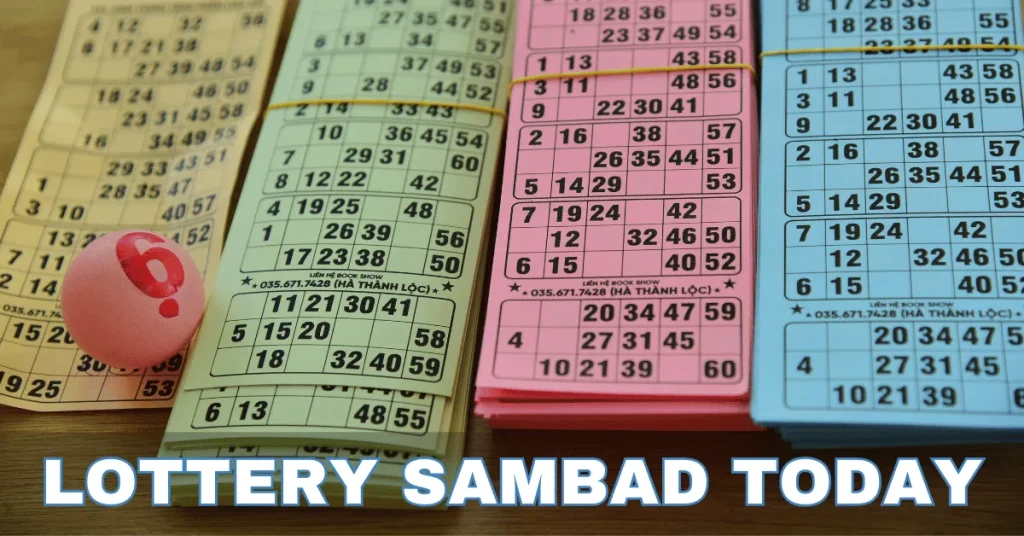 Colorful lottery tickets with printed number grids and a red question-mark ball, representing lottery sambad today or number lottery results.