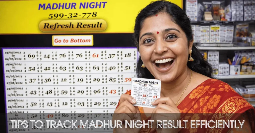 Happy Indian woman holding Madhur Night lottery ticket at lottery shop with result board background