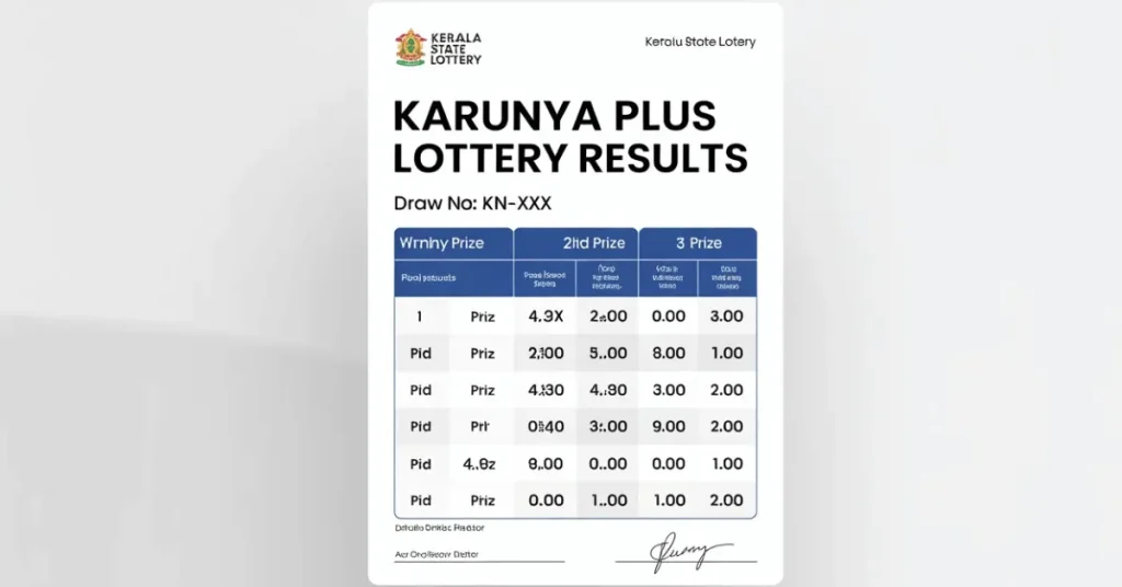 Karunya Plus Lottery results sheet with prize breakdown and winning numbers