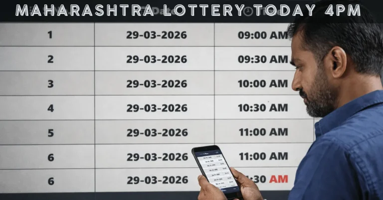 Maharashtra lottery today 4pm results schedule on 29-03-2026 with draw timings displayed as a man checks results on smartphone