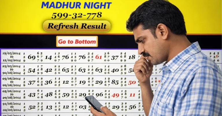 Indian man checking Madhur Night lottery results on mobile with result chart background