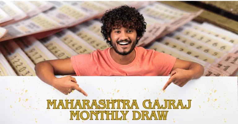 “Smiling young man pointing at text ‘Maharashtra Gajraj Monthly Draw’ with lottery tickets in the background.”