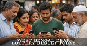 People checking West Bengal Dear Lottery result on their mobile phones in a busy market”
