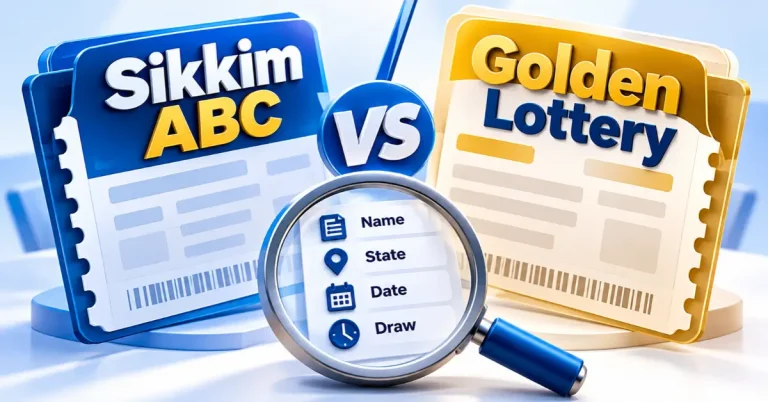 3D comparison of Sikkim ABC vs Golden Lottery with a magnifying glass checking the name, state, date and draw details