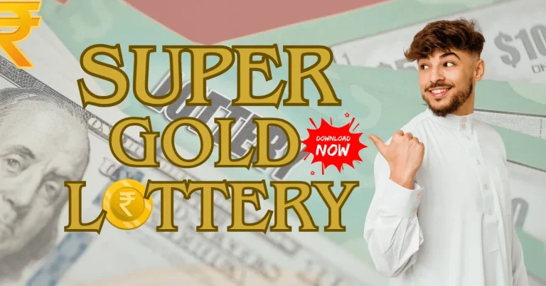 Super Gold Lottery promotion banner with rupee symbol, dollar background, and man pointing to download now button for online lottery result