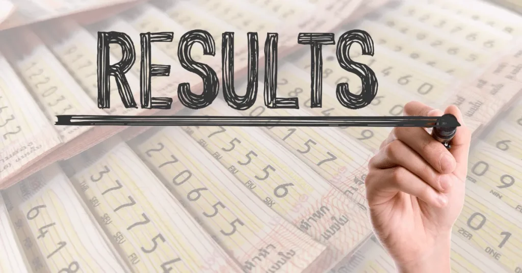 Word Results written over a blurred background of abc lottery tickets, with a hand drawing a line underneath the text.