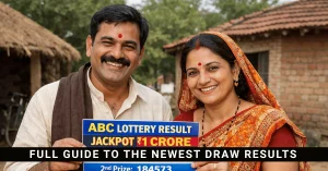 Smiling Indian couple holding an ABC Lottery Result board with jackpot and prize numbers, with a banner saying Full Guide to the Newest Draw Results.