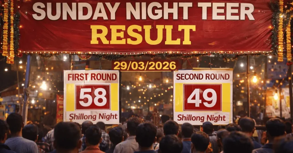 Sunday Night Teer Result display showing First Round 58 and Second Round 49 for Shillong Night on 29/03/2026
